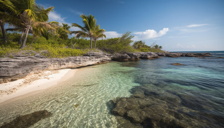 Idyllic tropical coastline, palm trees sway, turquoise waters, tranquil relaxation generated by artificial intelligenceの素材