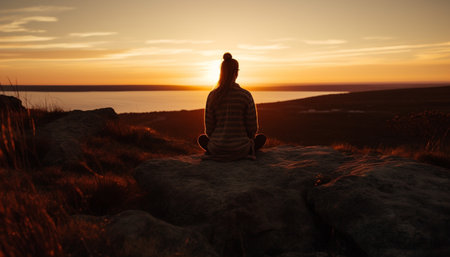 Two people meditating at dawn on a mountain peak generated by artificial intelligenceの素材