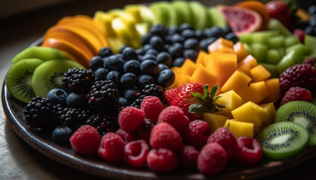 Healthy fruit salad with a variety of juicy, organic berries generated by artificial intelligenceの素材