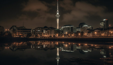 Illuminated cityscape reflects on water at dusk, modern architecture dominates generated by artificial intelligenceの素材