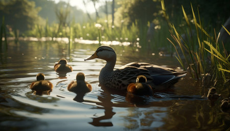 Tranquil pond reflects the beauty of nature with swimming ducks generated by artificial intelligenceの素材