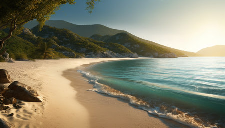 Tranquil seascape at waters edge, beauty in nature journey generated by artificial intelligenceの素材