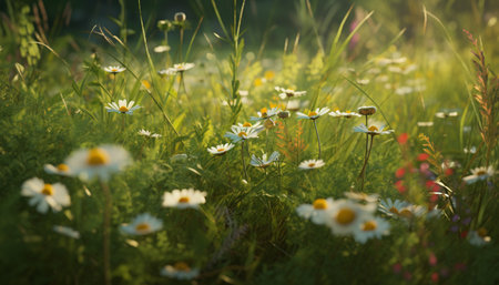 A vibrant meadow of wildflowers, chamomile, and daisies at sunset generated by artificial intelligenceの素材