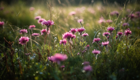 Vibrant wildflowers bloom in tranquil meadow at sunrise, showcasing nature beauty generated by artificial intelligenceの素材