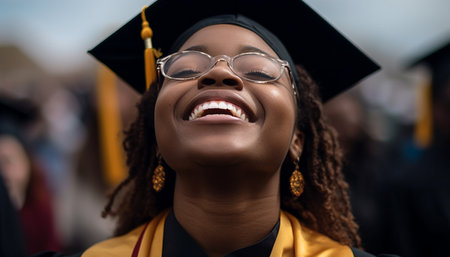 Young African woman in graduation gown smiling with pride and confidence generated by artificial intelligenceの素材