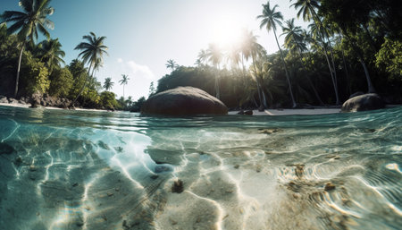 Tropical palm tree sways over tranquil, transparent underwater reef adventure generated by artificial intelligenceの素材