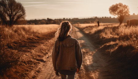Young adults walking on footpath, enjoying nature beauty in autumn generated by artificial intelligenceの素材