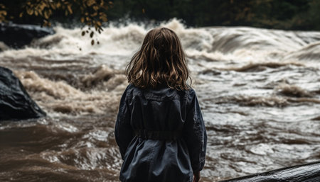 Young woman hiking in the wet forest, enjoying solitude and beauty generated by artificial intelligenceの素材