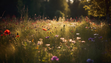Vibrant wildflowers blossom in tranquil meadow at sunrise generated by artificial intelligenceの素材