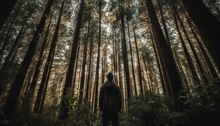 One man standing, back lit by sun, in green forest generated by artificial intelligenceの素材