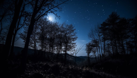 Silhouette of pine tree back lit by moonlight in forest generated by artificial intelligenceの素材
