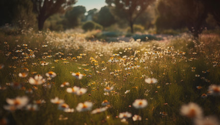 Vibrant wildflowers bloom in tranquil meadow at sunrise, idyllic scene generated by artificial intelligenceの素材