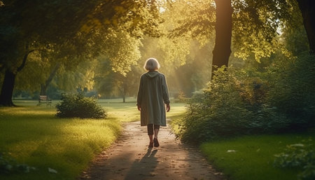 One woman walking on footpath in autumn forest, enjoying solitude generated by artificial intelligenceの素材