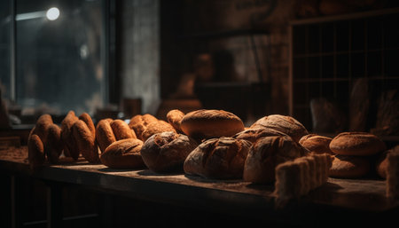 Freshly baked organic bread on rustic wooden table, healthy snack generated by artificial intelligenceの素材
