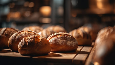 Rustic homemade bread baked in wood oven for gourmet meal generated by artificial intelligenceの素材