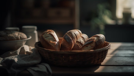 Freshly baked bread on rustic wooden table, healthy homemade meal generated by artificial intelligenceの素材