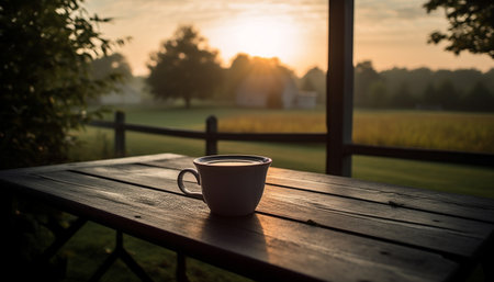Sun kissed coffee cup on wooden bench in rustic meadow generated by artificial intelligenceの素材