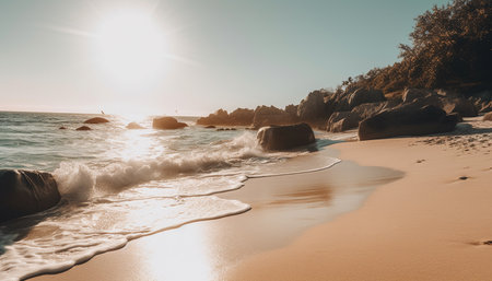 Tranquil sunset over tropical coastline, waves crash on sandy shore generated by artificial intelligenceの素材