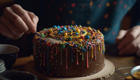 Handmade gourmet birthday cake with colorful candy decoration and chocolate generated by artificial intelligenceの素材