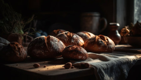 Freshly baked rustic bread on wooden table, healthy and organic generated by artificial intelligenceの素材