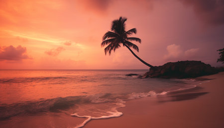 Idyllic tropical coastline, tranquil waters edge, palm tree silhouette at sunset generated by artificial intelligenceの素材