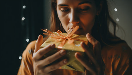 Young woman holding illuminated gift box, smiling with happiness generated by artificial intelligenceの素材