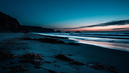 Tranquil sunset over idyllic waters, reflecting natural beauty and relaxation generated by artificial intelligenceの素材