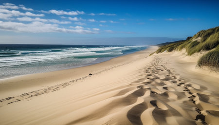 Tranquil sunset over idyllic sand dunes, rippled waters edge beauty generated by artificial intelligenceの素材