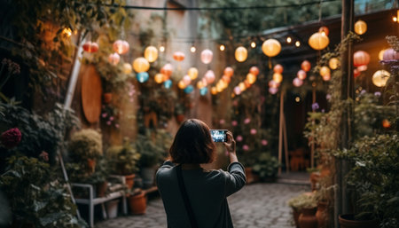 Young adult photographer capturing winter nature with lighting equipment outdoors generated by artificial intelligenceの素材
