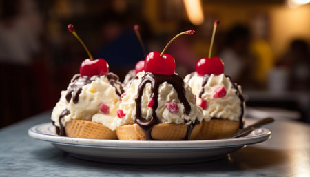 Indulgent homemade ice cream sundae with fresh berries and chocolate sauce generated by artificial intelligenceの素材