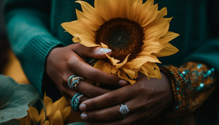 Young adults holding sunflowers, celebrating love and togetherness outdoors generated by artificial intelligenceの素材