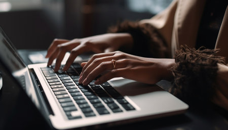 Young woman typing on laptop, working indoors, using wireless technology generated by artificial intelligenceの素材