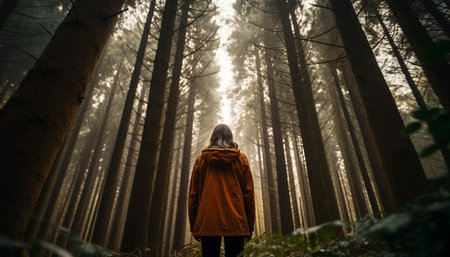 One person hiking in tranquil autumn forest, surrounded by beauty generated by artificial intelligenceの素材