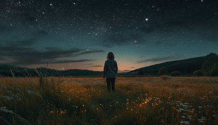 Silhouette of young adults exploring tranquil mountain meadow at dusk generated by artificial intelligenceの素材