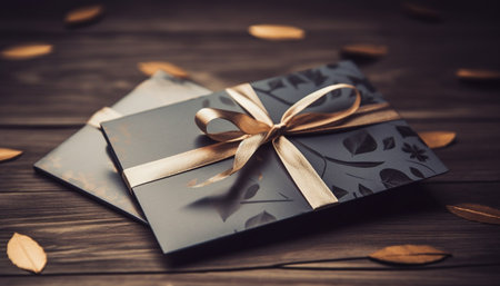 Rustic gift box wrapped in shiny gold paper for celebration generated by artificial intelligenceの素材