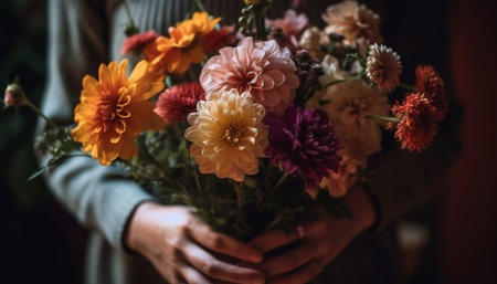 One person holding multi colored bouquet, gift of nature beauty generated by artificial intelligenceの素材