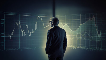 One successful businessman standing in blue suit analyzing financial data generated by artificial intelligenceの素材