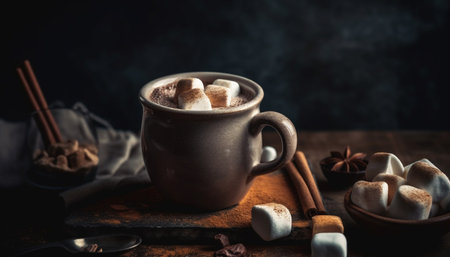 Hot chocolate with marshmallow, anise, and chocolate on rustic wood generated by artificial intelligenceの素材