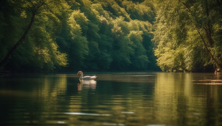 Tranquil swan swims in reflection of autumn forest pond. generated by artificial intelligenceの素材