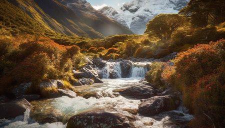 Majestic mountain range, tranquil scene, beauty in nature, panoramic exploration. generated by artificial intelligenceの素材