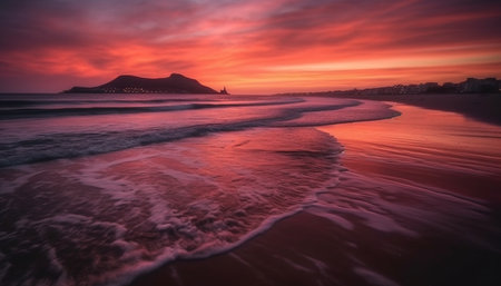 Tranquil sunset over tropical coastline, waves reflect beauty in nature. generated by artificial intelligenceの素材