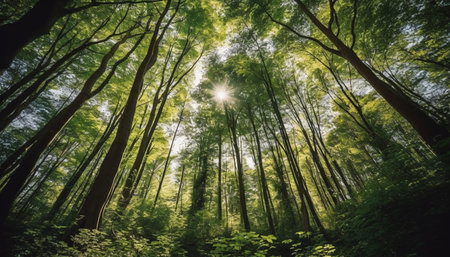 Tranquil forest landscape with vibrant green foliage and colorful trees. generated by artificial intelligenceの素材