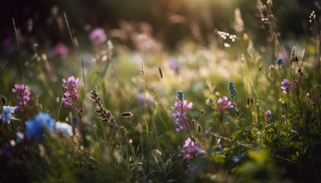 Vibrant wildflowers blossom in meadow, a tranquil rural scene. generated by artificial intelligenceの素材