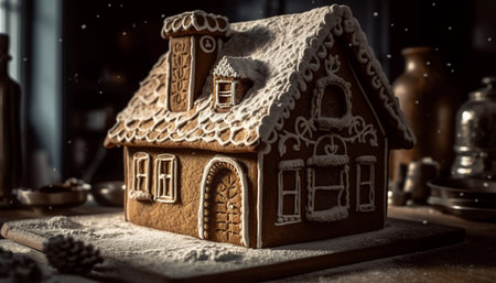 Homemade gingerbread house decoration with icing and candy snowflakes. generated by artificial intelligenceの素材