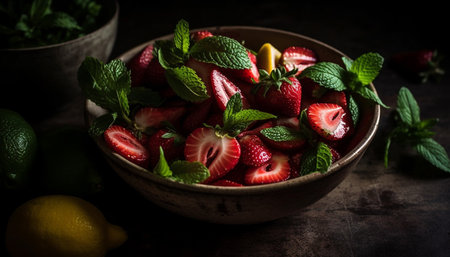 Organic berry dessert with mint leaf on rustic wooden table generated by artificial intelligenceの素材