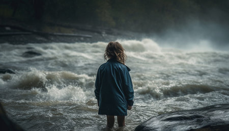 One person standing, looking at the wet waters edge. generated by artificial intelligenceの素材