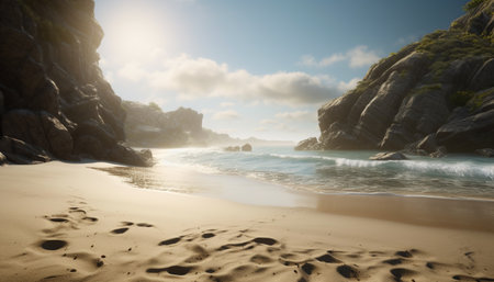 Tranquil waters edge reflects natural beauty of remote coastline horizon. generated by artificial intelligenceの素材