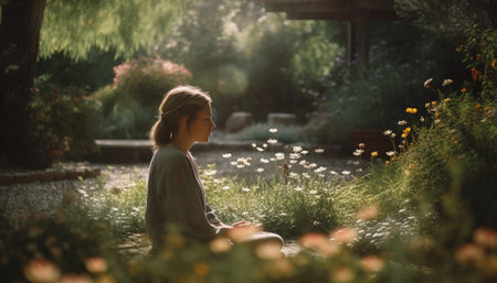 Smiling young woman enjoys relaxation in nature. generated by artificial intelligenceの素材