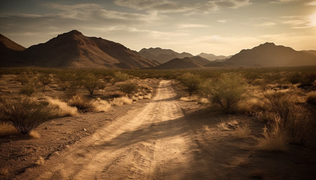 Tranquil sunrise over majestic mountain range in arid wilderness area. generated by artificial intelligenceの素材