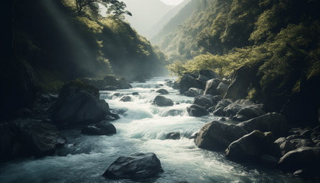 Tranquil scene of flowing water, mountain peak, and green forest. generated by artificial intelligenceの素材